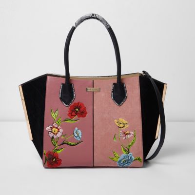 Pink floral embroidered winged tote bag
